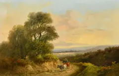 A cattle drover on a country track with an extensive landscape beyond by John Barker, oil on canvas, sold Jun 2022