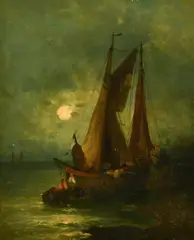 A Dutch barge unloading by moonlight by Rudolf Giffinger, oil on panel, sold Jun 2022