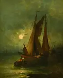 A Dutch barge unloading by moonlight by Rudolf Giffinger, oil on panel, sold Jun 2022