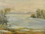 A frozen lake with figures skating by Bjørn Smith-Hald, oil on canvas, offered May 2022