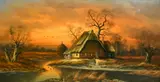 A homestead on the river in winter with the sun setting by Horst Baumgart, oil on canvas, offered May 2022