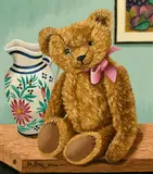 Algernon bear with Quimper jug and still life by Joanna Bryan, oil on board, sold May 2022