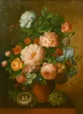 A still life of mixed flowers in a vase, a birds nest and a bunch of grapes by Thomas Webster, oil, sold May 2022