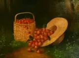 A still life of cherries in a basket and strawberries with a straw hat by K. Mills, oil on canvas, sold May 2022