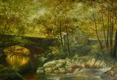 British, a view of a watermill through trees by William Henry Mander, 1896, oil on canvas, sold May 2022