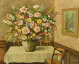French, a still life study of colourful flowers in an interior by Paul Feron, oil on board, sold May 2022