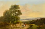 A cattle drover on a country track with an extensive landscape beyond by John Barker, oil on canvas, offered May 2022