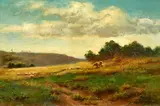 British, sheep and cattle on a hillside in summer by Davenport Bates, oil on canvas, offered May 2022