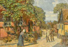 Danish, figures on a street in a coastal town by Carl Budtz-Møller, 1917, oil on canvas, sold May 2022