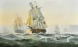 British, British and American warships engaging in battle by Michael Whitehand, 1988, oil on canvas, offered May 2022