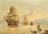 British, British warships at anchor in a bay by Michael Whitehand, 1986, oil on canvas, offered May 2022