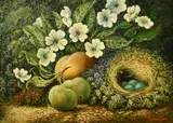 British, a still life of fruit, flowers and eggs in a nest by Oliver Clare, oil on board, sold May 2022