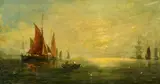 A busy seascape with sailing boats and a tall ship in the distance by Adolphus Knell, oil on board, offered May 2022
