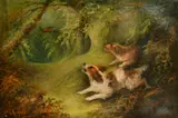 British, two dogs chasing a pheasant through woodland by J Langlois, oil on canvas, offered May 2022