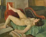 British, a female nude reclining on a chaise by Geoffrey Underwood, 1953, oil on canvas, sold May 2022