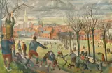 British, a scene of children playing in a city park by Geoffrey Underwood, 1957, oil on canvas, sold May 2022