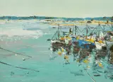 Portugal, fishing boats moored in a harbour by Vigilio Raposo, 1979, oil on canvas, sold May 2022