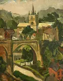 A view of a town with a bridge, houses and church by Phyllis Bray, oil on canvas, sold May 2022