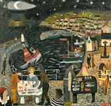 British, figures at fish market at night in Penzance with a sailboat illuminated by moonlight in the distance by Alan Furneaux, oil on board, sold May 2022