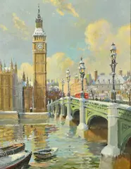 British, A view of the Houses of Parliament from across the river by Bert Pugh, oil on board, sold May 2022