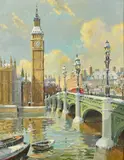 British, A view of the Houses of Parliament from across the river by Bert Pugh, oil on board, sold May 2022
