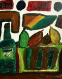 A still life of fruit and a bottle by Jamie Moynahan, acrylic on canvas, offered May 2022