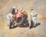 British, mechanics gathered around an Alfa Romeo, coloured print, limited edition of 25, inscribed in the plate by Dexter Brown, print, sold May 2022