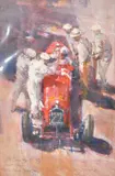 British, mechanics gathered around an Alfa Romeo, coloured print, limited edition of 25, inscribed in the plate by Dexter Brown, print, sold May 2022