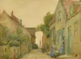 British, a scene of figures outside a town building with a port beyond by Victor Noble Rainbird, watercolour, sold May 2022