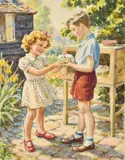 British, a watercolour study of children holding a pet rabbit by Hubert Williams, watercolour, sold May 2022