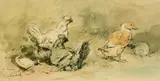 French, a study of chickens and ducks by Eugène Lambert, watercolour and ink, offered May 2022