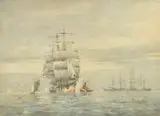 British, Tall ships with a tugboat and other sail boats out to sea by Fred Kelsey, watercolour, sold May 2022