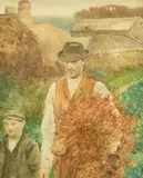British, a farmworker and his son gathering wood with stone buildings beyond by Henry Edgar Crockett, watercolour, sold May 2022