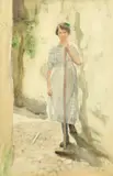 British, a study of a young woman brushing a stone path by Henry Edgar Crockett, watercolour, sold May 2022