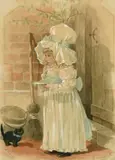 British, A young girl with a saucer of milk for her cat by George Cruickshank, 1888, watercolour, sold May 2022