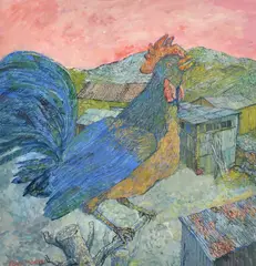 British, A Cockerel perched on a branch in a farmyard, Cyprus by Christopher Clairmonte, 2003, gouache, sold May 2022