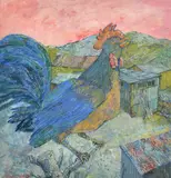 British, A Cockerel perched on a branch in a farmyard, Cyprus by Christopher Clairmonte, 2003, gouache, sold May 2022