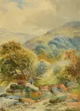 A fisherman standing on the edge of a stream with mountains beyond by William Henry Mander, watercolour, sold May 2022