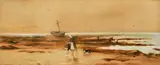 A coastal view with harbour wall, figures and sailing boats out to sea, (thought to be Shoreham) watercolour by Richard Henry Nibbs, watercolour, sold May 2022