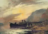 A moored fishing boat with nets drying and a flock of seagulls coming into land by Robert Leslie Howey, watercolour, sold May 2022