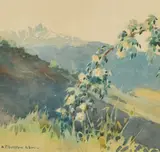 Wild roses and a snowy mountain' watercolour by N.J. Burton, watercolour, offered May 2022