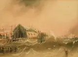 Harbour jetty with stormy seas by Henry Barlow Carter, watercolour, sold May 2022