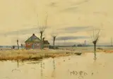 British, A dwelling and a moored sailing boat on the river by Robert W. Fraser, watercolour, offered May 2022