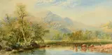 British, a cattle drover by a river with mountains beyond by Cornelius Pearson, 1863, watercolour, offered May 2022