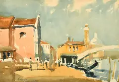 British, figures and gondolas by buildings in Venice by Edward Wesson, watercolour, sold May 2022