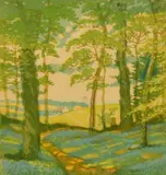 Australian, A sunlit path through trees out to a field and a house beyond, woodcut by Hall Thorpe, woodcut, sold May 2022