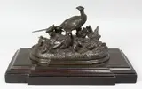 French, a family group of Pheasants, patinated bronze, on a stepped wood plinth, height by Jules Moigniez, bronze, offered May 2022