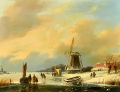 Dutch, wayfarers on a frozen waterway by Salomon Leonardus Verveer, oil on panel, sold Apr 2022