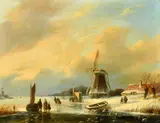 Dutch, wayfarers on a frozen waterway by Salomon Leonardus Verveer, oil on panel, sold Apr 2022