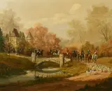 Hungarian, a hunting party crossing a bridge by Vecsey Colomanus, oil on panel, sold Apr 2022